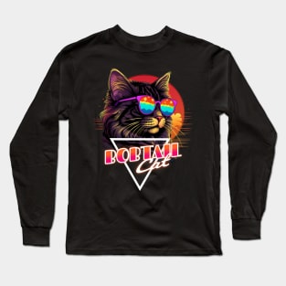 Retro Wave Bobtail Cat Miami Shirt Long Sleeve T-Shirt